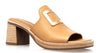 A great trans seasonal heeled slide with good foot coverage, supple leather in a versatile camel colour featuring a large gold buckle. The 7.5cm stacked heel is offset by a 1.5cm platform and the footbed is padded for comfort. By Alfie &amp; Evie.