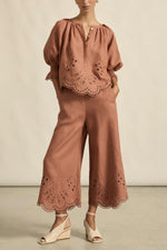 100% linen
bespoke embroidery with scalloped edge
cropped, wide-leg silhouette
high-waisted fit with side zip and clasp
elasticated back waistband for comfort
functional side pockets
designed to pair with the dawn top as a vacation-ready set
