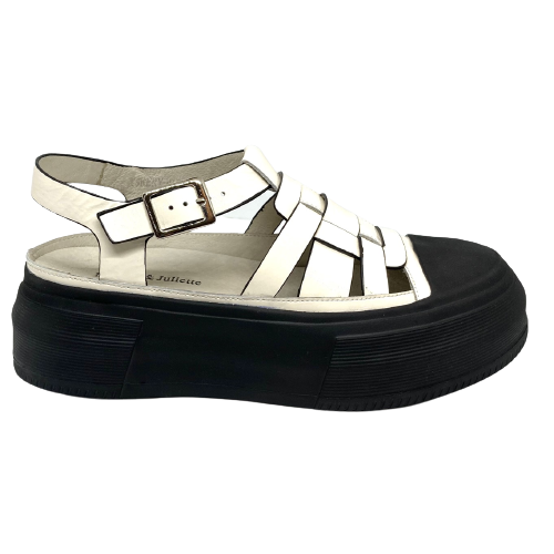 Here's a cool pair of shoes that your feet will love to wear. These are part fisherman sandals and part sneakers.  They have a black rubber sole and toe cap and soft patent leather upper. You won't be disappointed in these babies.  Django & Juliette
