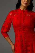 Embodying the season’s signature trend of red, the Beguile Dress in fire is both bold and feminine. With all-over lace detailing and covered buttons that run down the midi silhouette, this piece channels international runway and timeless allure.&nbsp;

Three-quarter blouson sleeves balance the look for refined elegance.

*please note, cami slip not included