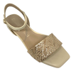 Beige sandal with gold weave look and gold heel. Chrissie Brazil
