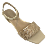 Beige sandal with gold weave look and gold heel. Chrissie Brazil