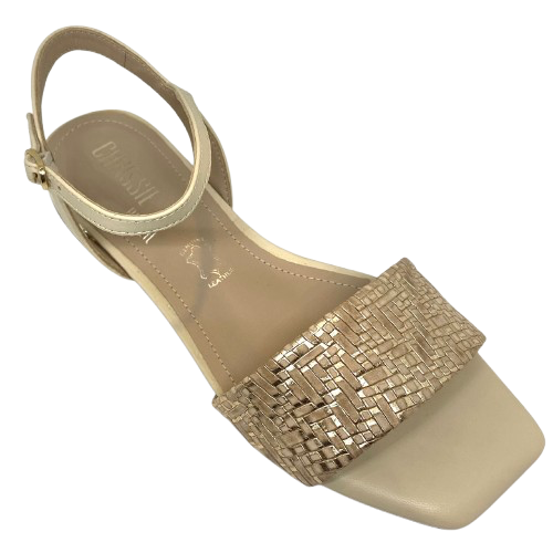 Beige sandal with gold weave look and gold heel. Chrissie Brazil