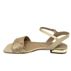 Beige sandal with gold weave look and gold heel. Chrissie Brazil