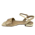 Beige sandal with gold weave look and gold heel. Chrissie Brazil