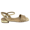 Beige sandal with gold weave look and gold heel. Chrissie Brazil