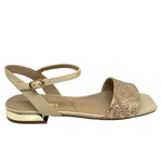 Beige sandal with gold weave look and gold heel. Chrissie Brazil
