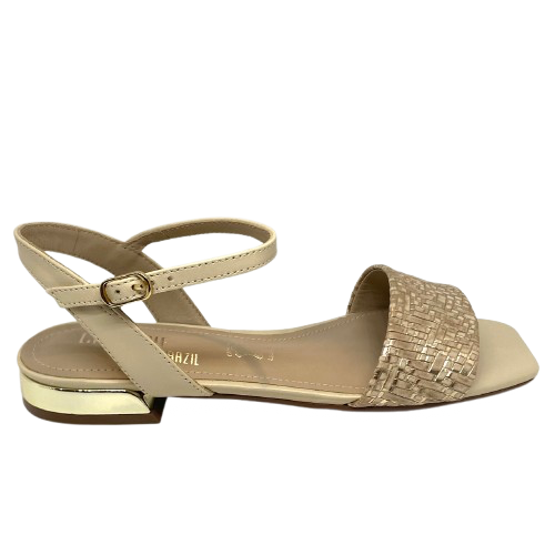 Beige sandal with gold weave look and gold heel. Chrissie Brazil