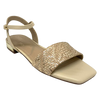 Beige sandal with gold weave look and gold heel. Chrissie Brazil