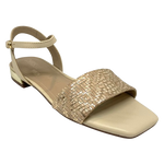 Beige sandal with gold weave look and gold heel. Chrissie Brazil