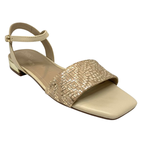 Beige sandal with gold weave look and gold heel. Chrissie Brazil