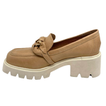 This gorgeous comfy loafer on its white chunky sole has square toe and is finished with a leather wrapped gold chain trim. The supple leather is a cappuccino/soft tan colour which is perfect for this shoe.