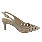 Here is a great trans seasonal heel that will effortlessly see you from the office to an occasion. The laser cut work not only creates interest but also allows for the leather to mould easily to your foot shape. The light beige colour is also a great neutral. Made in Brazil it boasts a 7cm slim heel.