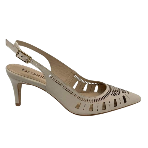 Here is a great trans seasonal heel that will effortlessly see you from the office to an occasion. The laser cut work not only creates interest but also allows for the leather to mould easily to your foot shape. The light beige colour is also a great neutral. Made in Brazil it boasts a 7cm slim heel.