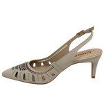 Here is a great trans seasonal heel that will effortlessly see you from the office to an occasion. The laser cut work not only creates interest but also allows for the leather to mould easily to your foot shape. The light beige colour is also a great neutral. Made in Brazil it boasts a 7cm slim heel.