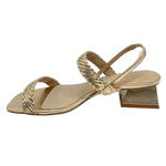 A&nbsp; simple elegant mid heeled sandal will take you to lots of occasions especially if it's in a soft gold leather. Made in Brazil it sports an interestingly shaped 4.5cm heel.