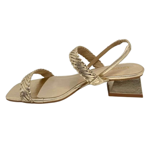 A&nbsp; simple elegant mid heeled sandal will take you to lots of occasions especially if it's in a soft gold leather. Made in Brazil it sports an interestingly shaped 4.5cm heel.