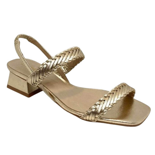 A&nbsp; simple elegant mid heeled sandal will take you to lots of occasions especially if it's in a soft gold leather. Made in Brazil it sports an interestingly shaped 4.5cm heel.