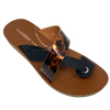 Constructed of man made materials these little toe thong slides have a moulded footbed and the straps are a versatile combination of black and tortoise.