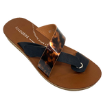 Constructed of man made materials these little toe thong slides have a moulded footbed and the straps are a versatile combination of black and tortoise.