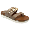 A comfortable little slip on with a toe piece and a chunky beige chain trim over the instep. Made from manmade materials with a cushioned white sole, silver metal trim on the rand and available in the versatile colour of taupe.