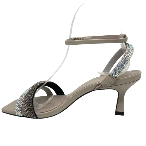 This elegant evening sandal has a soft grey (cashmere) base and straps of black and silver diamantes. It has and narrow ankle strap and a 7cm heel. A stylish sandal that will stand the test of time. Made in Brazil.