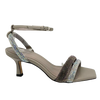 This elegant evening sandal has a soft grey (cashmere) base and straps of black and silver diamantes. It has and narrow ankle strap and a 7cm heel. A stylish sandal that will stand the test of time. Made in Brazil.