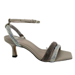 This elegant evening sandal has a soft grey (cashmere) base and straps of black and silver diamantes. It has and narrow ankle strap and a 7cm heel. A stylish sandal that will stand the test of time. Made in Brazil.