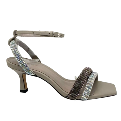 This elegant evening sandal has a soft grey (cashmere) base and straps of black and silver diamantes. It has and narrow ankle strap and a 7cm heel. A stylish sandal that will stand the test of time. Made in Brazil.