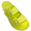 These fun PVC little slides are made in Brazil and are perfect for our hot, wet summer months. Super comfy, these are bound to become your new "go to's". Available in bright green, bright fuchsia pink, yellow and blue.