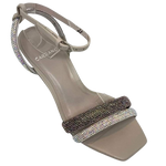 This elegant evening sandal has a soft grey (cashmere) base and straps of black and silver diamantes. It has and narrow ankle strap and a 7cm heel. A stylish sandal that will stand the test of time. Made in Brazil.