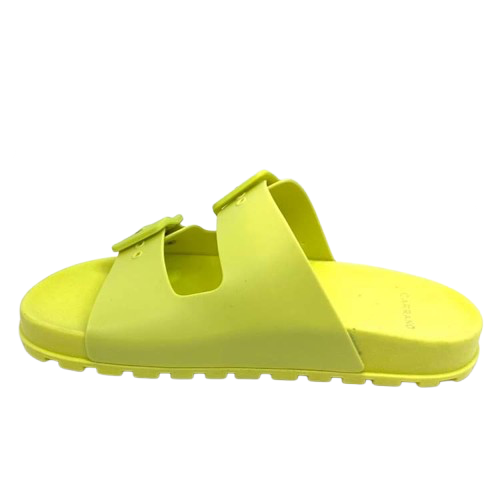 These fun PVC little slides are made in Brazil and are perfect for our hot, wet summer months. Super comfy, these are bound to become your new "go to's". Available in bright green, bright fuchsia pink, yellow and blue.