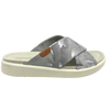Here's a super comfy slide with great cushioning under foot, arch support, a side gusset, and wide crossover straps in a gorgeous leather of mottled silver and grey.