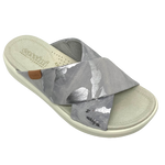 Here's a super comfy slide with great cushioning under foot, arch support, a side gusset, and wide crossover straps in a gorgeous leather of mottled silver and grey.