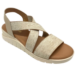 Made in Spain by Catalinas this exceptionally soft and spongy little wedge has a leather covered memory foam footbed and a rubber sole. The straps are both leather and a linen look elastic and offer good foot support.