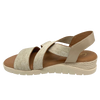 Made in Spain by Catalinas this exceptionally soft and spongy little wedge has a leather covered memory foam footbed and a rubber sole. The straps are both leather and a linen look elastic and offer good foot support.