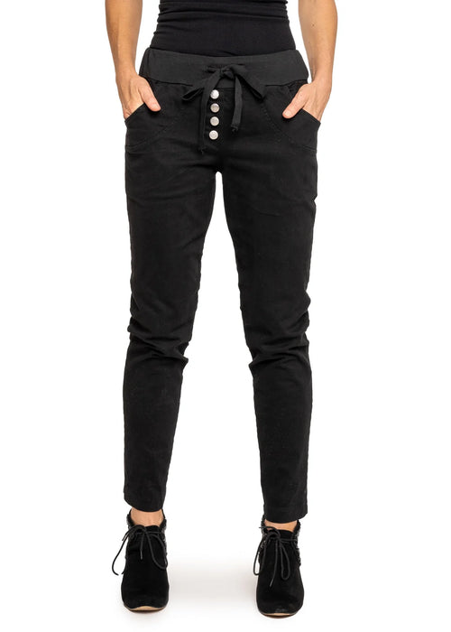 <p data-mce-fragment="1">Fabulous cotton pull-up full-length pants. Faux buttoned fly, elasticated waist and cotton pull tie, with lovely deep pockets and a stretch jersey back. Just gorgeous with any top.</p> <p data-mce-fragment="1">Material - Cotton Mix</p> <p data-mce-fragment="1">Designed In Australia</p>
