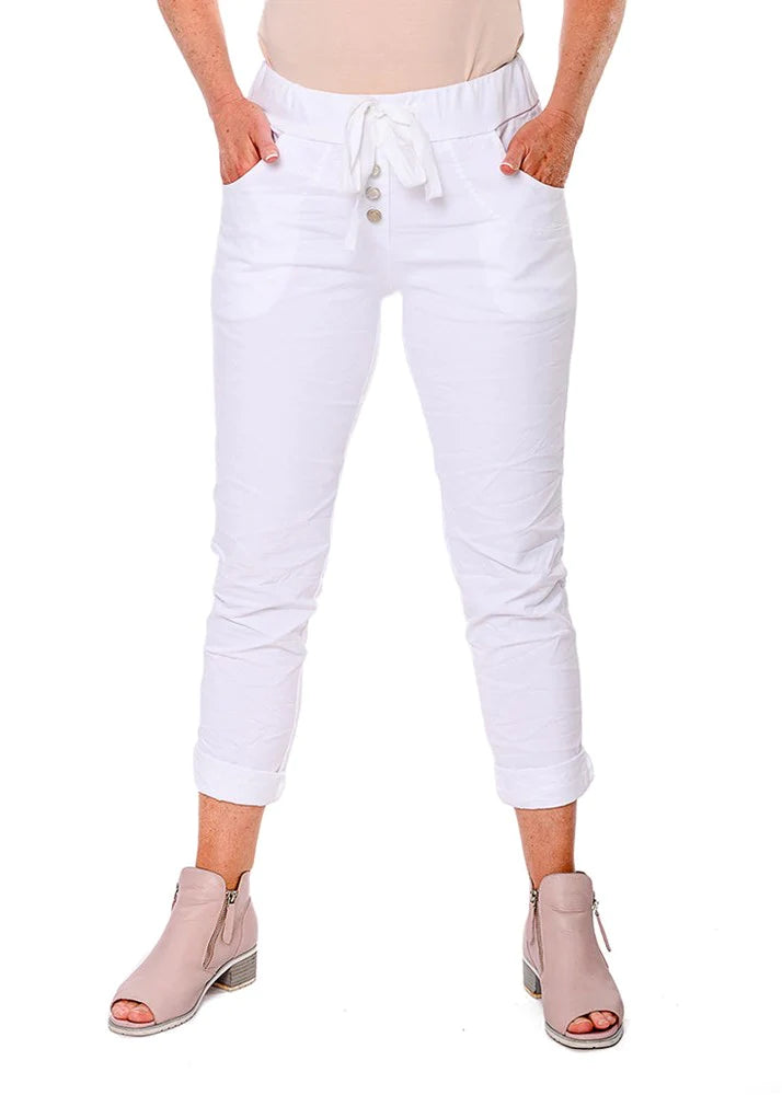 Fabulous cotton pull-up full-length pants. Faux buttoned fly, elasticated waist and cotton pull tie, with lovely deep pockets and a stretch jersey back. Just gorgeous with any top.  Material - Cotton Mix