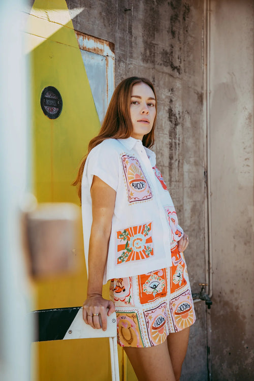 These soft 100% cotton shorts in our signature Rodeo Print have elastic at the waist, side pockets, belt tabs and a faux fly. Our Rodeo Print tees and also our Rodeo Print white shirt are perfect worn together for a fun summer set.