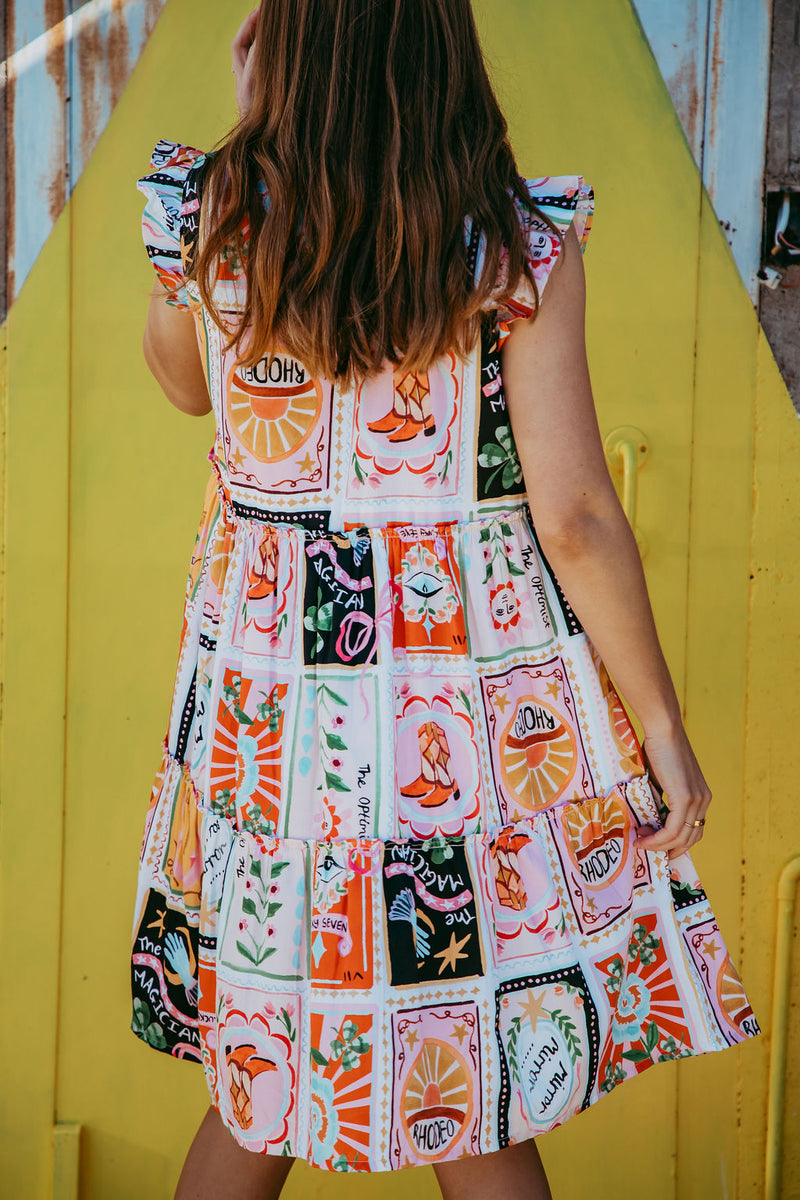 ur 100% cotton Rodeo Print fabric is perfect in this fun, tiered, V necked little sundress with it's frilled armhole giving you a great little go-to in our warmer months.