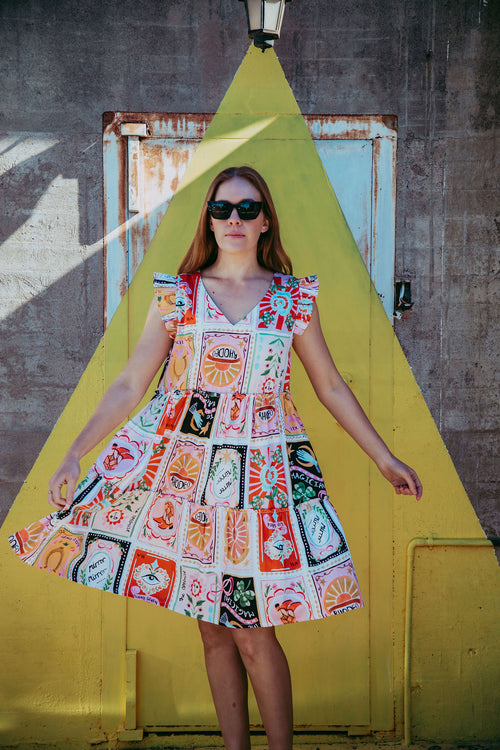 ur 100% cotton Rodeo Print fabric is perfect in this fun, tiered, V necked little sundress with it's frilled armhole giving you a great little go-to in our warmer months.