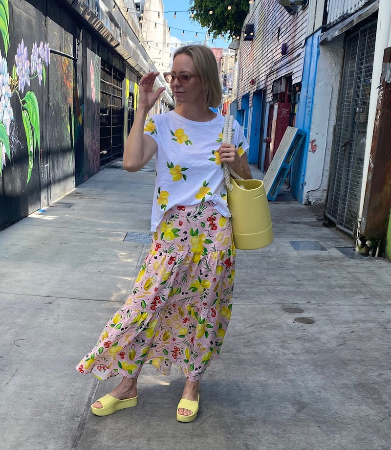 From the makers of Goondiwindi Cotton comes the label Cloth+Paper+Scissors. Here we have a fun lemon print 100% linen fabric used in a wonderful story of skirt, dress, shirt and shorts. Shown here is the three tiered skirt.
