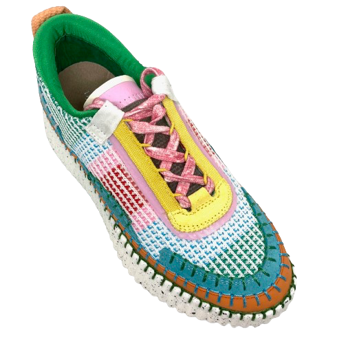 Here's a colourful and fun sneaker from Django & Juliette to brighten your wardrobe. The combination of multi coloured and textured mesh fabrics with various patches of coloured suede and coloured saddle stitching works beautifully with the speckles and slightly splayed chunky sole. They also feature a removable insole for those who need to wear an orthotic.