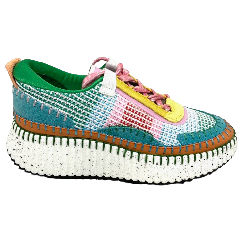 Here's a colourful and fun sneaker from Django & Juliette to brighten your wardrobe. The combination of multi coloured and textured mesh fabrics with various patches of coloured suede and coloured saddle stitching works beautifully with the speckles and slightly splayed chunky sole. They also feature a removable insole for those who need to wear an orthotic.