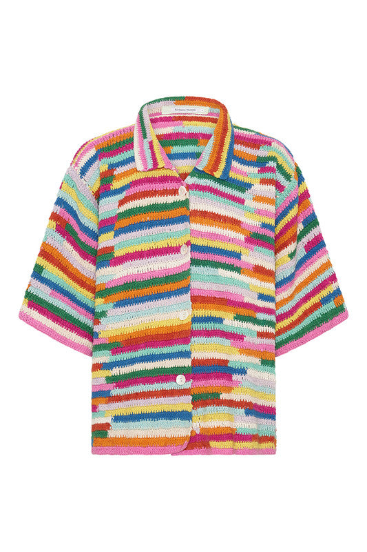 bespoke hand crocheted multi coloured oversized shirt. bohemian traders.