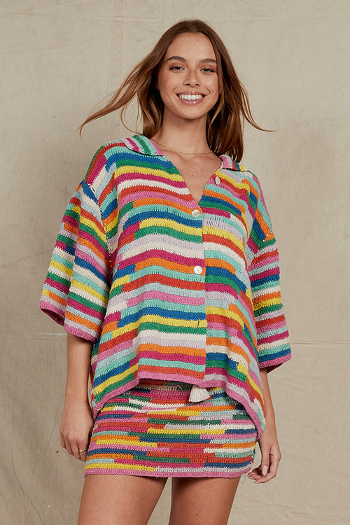 bespoke hand crocheted multi coloured oversized shirt. bohemian traders.