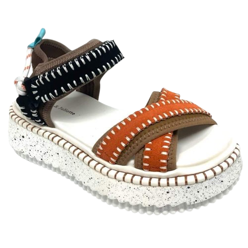 These super fun and super comfy flatform wedges are from Django &amp; Juliette. You'll add a splash of colour and summer to your wardrobe with these little beauties and your feet will love you for it!! The straps are neoprene and suede with blanket stitch feature and velcro fastening on the Y back.