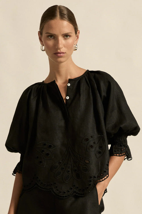  fresh approach to volume and texture, the dawn top offers bespoke embroidered artistry in a tonal hue.

100% linen finished in a tonal spring hue
bespoke embroidered hem and sleeve in floral motif
tuck detailing around the neckline for a soft drape
elbow-length blouson sleeve with elastic cuff
rounded with a delicate button feature