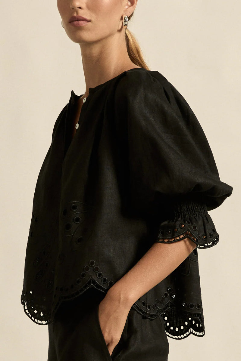  fresh approach to volume and texture, the dawn top offers bespoke embroidered artistry in a tonal hue.

100% linen finished in a tonal spring hue
bespoke embroidered hem and sleeve in floral motif
tuck detailing around the neckline for a soft drape
elbow-length blouson sleeve with elastic cuff
rounded with a delicate button feature