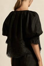  fresh approach to volume and texture, the dawn top offers bespoke embroidered artistry in a tonal hue.

100% linen finished in a tonal spring hue
bespoke embroidered hem and sleeve in floral motif
tuck detailing around the neckline for a soft drape
elbow-length blouson sleeve with elastic cuff
rounded with a delicate button feature